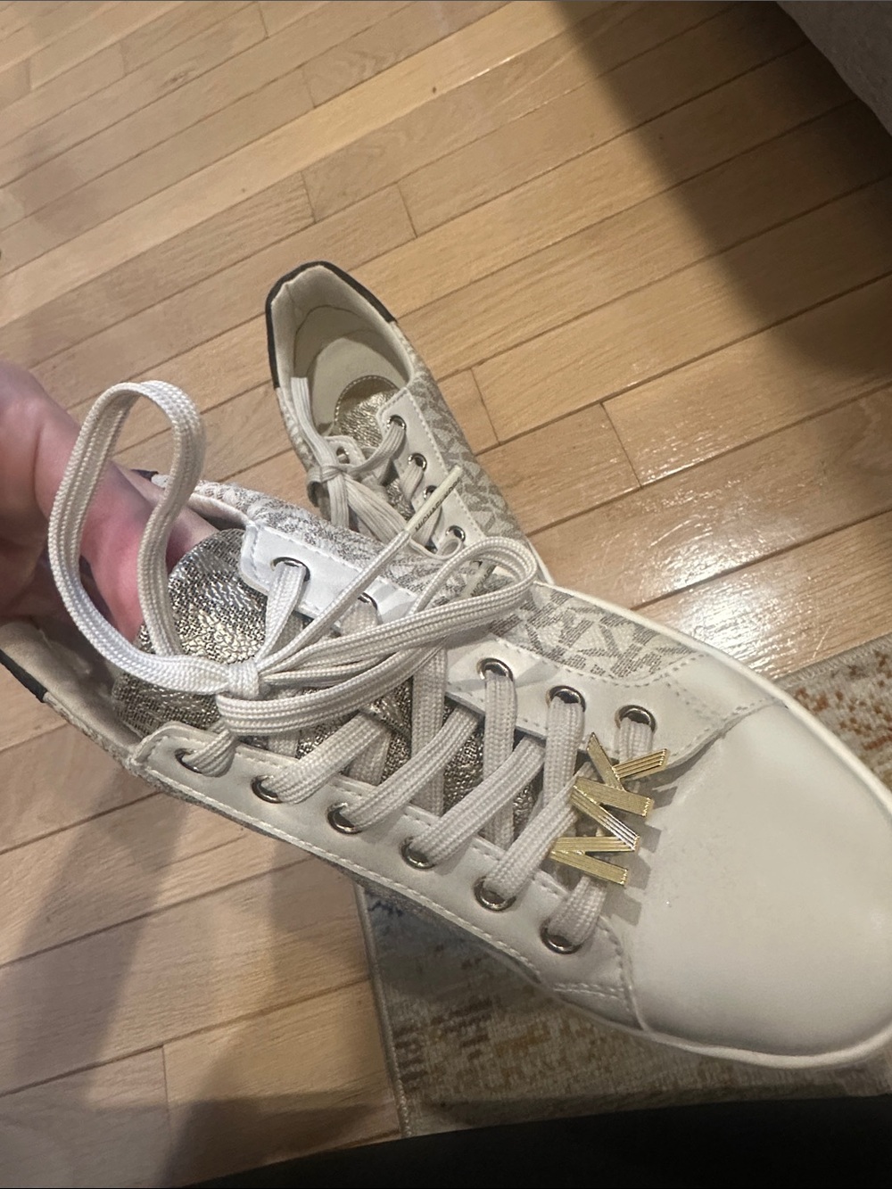 Michael Kors Cream and Gold MK Logo Low-Top Sneakers - Picture 8 of 12